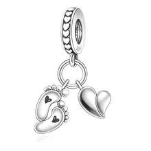 1 Piece 925 Sterling Silver Baby Footprint & Heart Dangle Charm, Pendant Bead DIY Unisex Baby Jewelry Gift - Silver - View 6