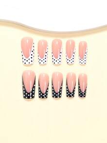 24片中号方形亚克力美甲贴纸，优雅日常黑色镶边波点法式美甲贴纸，复古高端黑白波点图案裸粉色底人造指甲贴纸，适合女性和女孩，包含1张胶纸和1个迷你指甲锉，随机发货 - 黑與白 - 查看 3