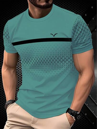 男士时尚拼接短袖T恤，100%涤纶，几何菱形图案与纯色组合的简约套头衫，透气轻薄夏季面料