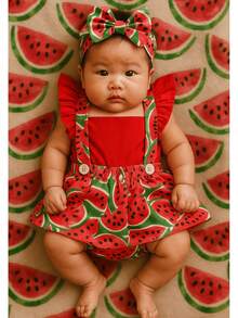 Jardineira Saia de Bebê Infantil Blogueirinha Melancia Frutas Frutinha Menina Alimentação Introdução Alimentar Ensaio Fotográfico Mesversário Temático Bebê Baby Aniversário Saia Glamour Premium Leve Tricoline 100% Algodão Ajustável e Com Elástico Fácil de Vestir - Vermelho - Visão 6