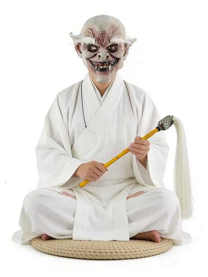 قناع مصاص الدماء المخيف وطقم مكنسة الشعر الحصان التاوية - زي كوسبلاي لحفلة الهالوين، قناع شيطان قديم واقعي مع أنياب، دعامة كاهن تاوي تقليدية للحفلات والتصوير والديكور المخيف، طقم ملحقات زي الكاهن التاوي - قناع مصاص الدماء المخيف مع حواجب بيضاء، مكنسة شعر الحصان البيضاء التقليدية مع مقبض خشبي، مثالي للهالوين والكوسبلاي والأحداث المتخصصة