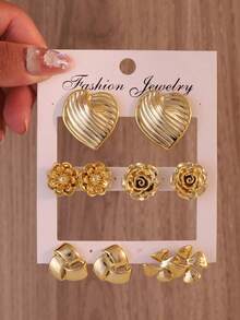 5 Pairs Heart, Flower, Clover Earrings Set, Ins Style Versatile Accessories, Vintage Design Suitable For Women's Daily Wear - Gold - View 1