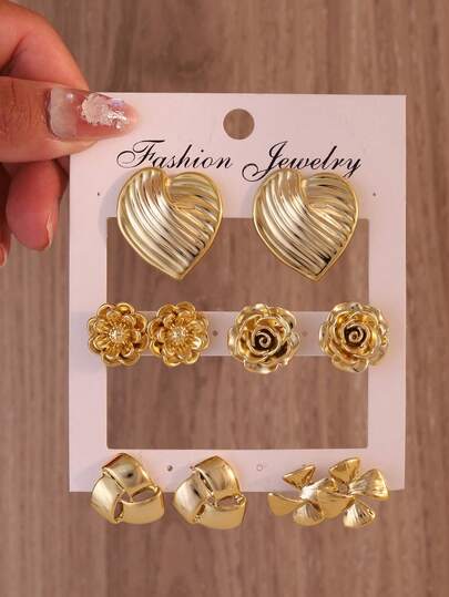 Set de 5 pares de aretes con diseños de corazón, flor y trébol, accesorios versátiles de estilo vintage, adecuados para el uso diario de las mujeres