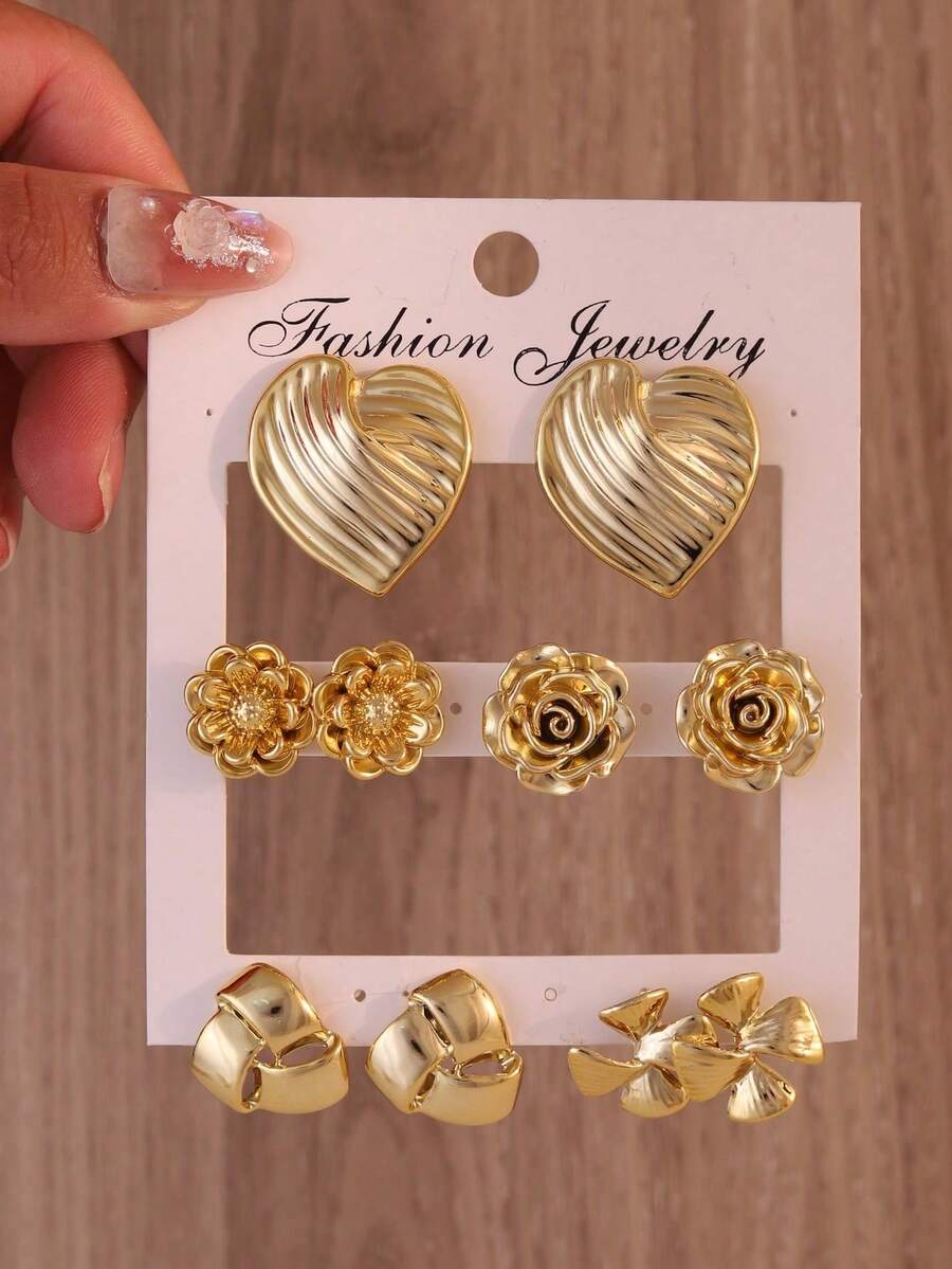 5 Pairs Heart, Flower, Clover Earrings Set, Ins Style Versatile Accessories, Vintage Design Suitable For Women's Daily Wear - Gold - View 1