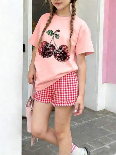 2pcs/Set Girls' Cherry Print Round Neck Short Sleeve T-Shirt + Red Plaid Shorts, Casual Comfortable Cute Summer New Outfit