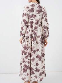 Women's Bohemian Style Pink Ditsy Floral Button Down Long Sleeve A-Line Dress - Brown - View 3