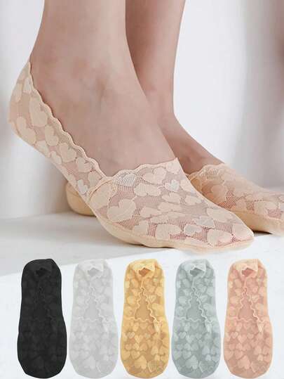 Women Summer Socks Lace Heart Sock Antiskid Invisible Shallow Mouth Thin Boat Socks