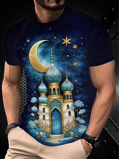 男士数码印花新月清真寺艺术斋月T恤，休闲百搭运动风圆领短袖，适合日常穿着，印花设计，是送给男士的完美节日礼物。