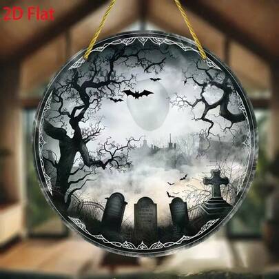 2D亚克力摆件，哥特式墓地场景，诡异蝙蝠月亮装饰，万圣节墙饰，闹鬼墓地艺术品，哥特式家居装饰，诡异窗户阳光捕捉器，阴森树墓碑吊坠，暗黑奇幻礼物，女巫美学装饰品