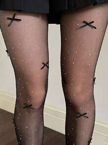 “春夏款，可自由裁剪，小众甜心，乳白色珍珠，手工植绒蝴蝶结，洛丽塔，连裤袜，长筒袜” - 黑色 - 查看 3