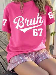 Girls' Minimalist Text Print Round Neck Short Sleeve T-Shirt, New Spring/Summer Fashion - Hot Pink - View 5