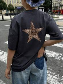 少女休闲豹纹星形印花圆领短袖T恤，明亮欢快，每天都带来阳光！夏季上衣，少女夏季必备，图案T恤 - 深灰色 - 查看 3