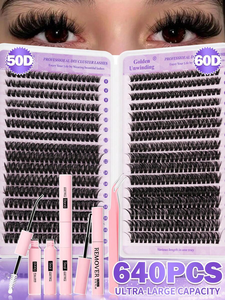640pcs Eyelash Extension Kit - Includes False Lashes, Glue, Makeup Remover, Tweezers And Brush, Easy For Professional And Beginner, Convenient For Home Use. Eyelash Extension Starter Kit: Contains False Lashes, Glue, Makeup Remover And Tools, Allowing You To Easily Create Professional Eyelash Extension Results At Home. - Multicolor - View 1
