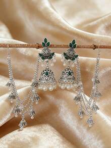 复古风垂坠耳环链，合金发链搭配仿珍珠耳环，适合女性日常佩戴、婚礼、节日配饰 - 掛鏈耳環 - 查看 3