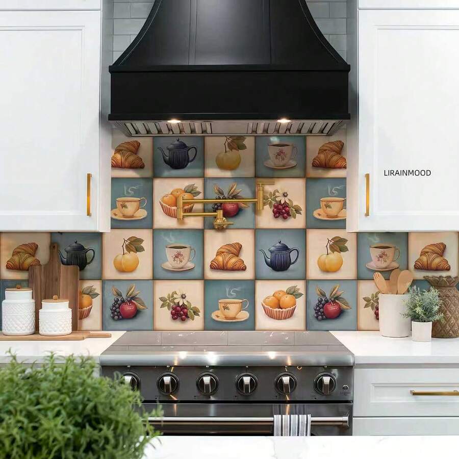 30片/60片水果餐具图案可移除可重复使用墙贴，优雅的咖啡和面包色墙贴，适用于厨房、浴室、家具改造和家居装饰 - 多pc組合廚房貼 - 查看 1