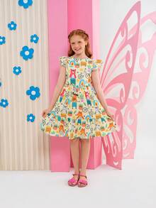 Girls' Party Dress, Blue With Print - Sizes 6, 8, 10, 12 And 14 Years - Màu vàng - Xem 12