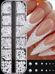12格白色仿珍珠美甲装饰套装——包含3D和半圆形仿珍珠珠子、水钻和各种配件。这些可爱无味的“鱼子酱”仿珍珠颗粒形状和大小各异，从小到大应有尽有，是美甲爱好者的理想之选。 - 彩色 - 查看 8