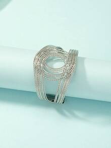 1pc Minimalist Personalized Multi-Layer Metal Textured Adjustable Bangle Bracelet, Suitable For Women's Daily Wear, Travel, Party, Gathering, Banquet And Other Occasions - Silver - View 3