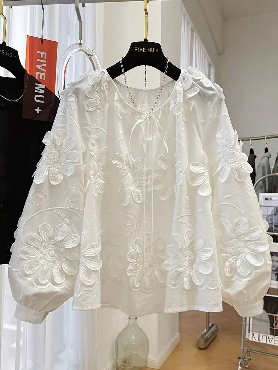 早春新款3D立体花卉装饰长袖衬衫，宽松休闲女式上衣 白色 - 白色 - 查看 1