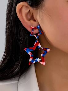 American Flag Red White Blue Pendant Earrings, 4th Of July Independence Day Five-Pointed Star Pendant Earrings For Women - Multicolor - View 1