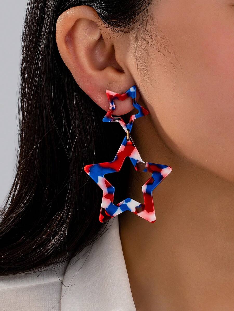 American Flag Red White Blue Pendant Earrings, 4th Of July Independence Day Five-Pointed Star Pendant Earrings For Women - Multicolor - View 1
