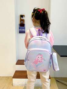 Cartoon Mermaid Printed Backpack For Teenagers, With Pencil Case, 2pcs Set - 2309 Mermaid Purple - View 7