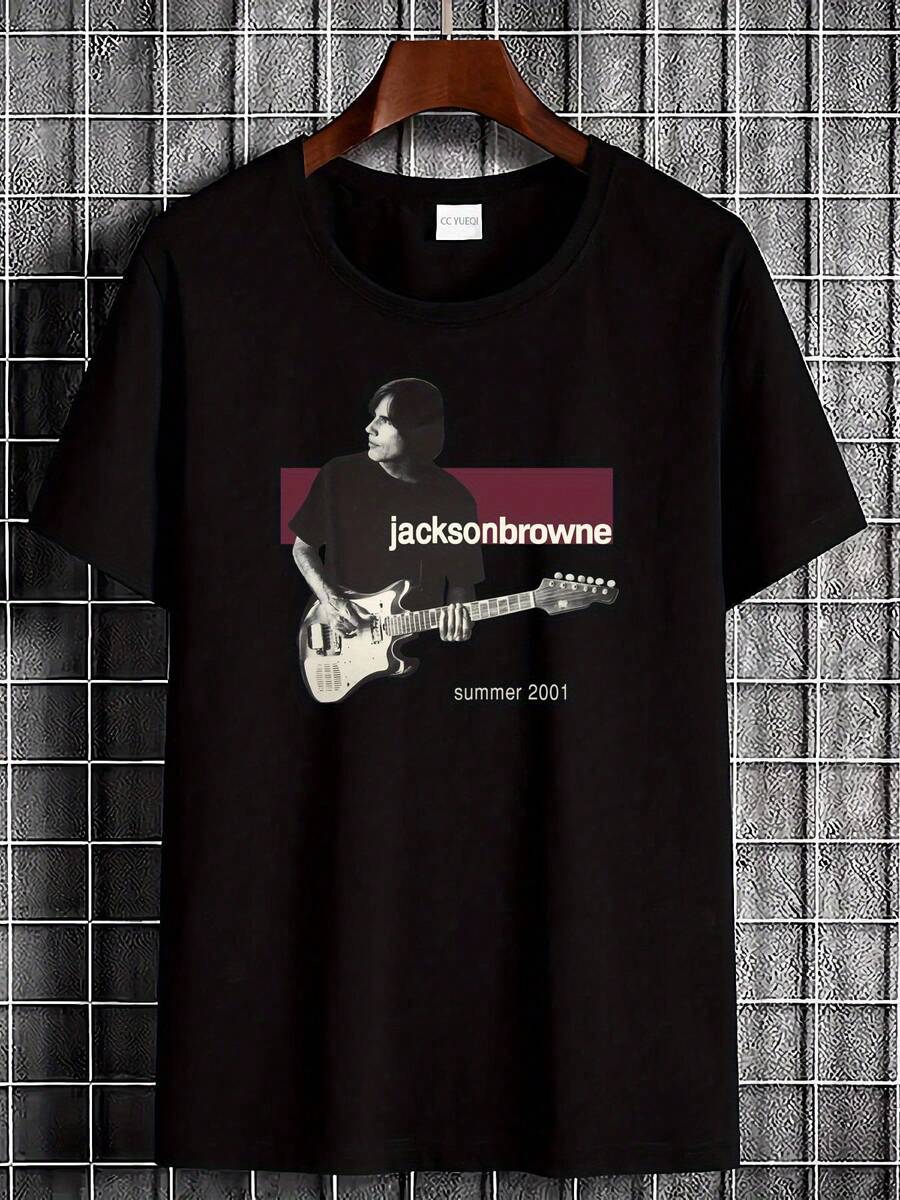 Plus Size-Funny Men's And Women's Round Neck T-Shirt Women's Fashion T-Shirt,Jackson Browne 2001 Tour Vintage Concert T-Shirt - Unisex Soft Breathable Relaxed Fit Round Neck Tee With Guitar Graphic & Signature - All-Season Comfort Casual Streetwear For Men & Women - Machine Washable Music Fan Apparel (Size M - 黑色 - 查看 1
