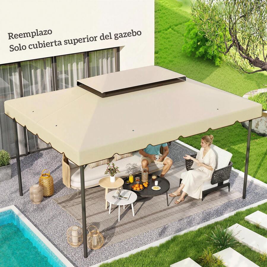 Outsunny Techo de Repuesto para Cenador, 4x3 m, Cubierta de Repuesto con Doble Techo, 8 Orificios de Drenaje, SOLO Toldo de Recambio para Pabellón Gazebo - Beis - Ver 1