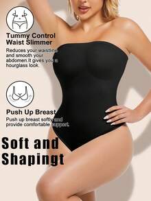 Women's Solid Color Strapless Push-Up Waist And Tummy Control Bodysuit ,Sculpting Body Shaper,Slimming Thong Bodysuit Smooth Shapewear For Women Tube Top Invisible Off-Shoulder Underwear For High Slit Dresses - 黑色 - 查看 6