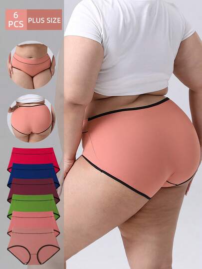 6pcs/Pack - Women's Melaed Color Plus Size Comfortable Breathable Fabric High Waist Panties