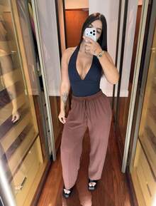 Set Of 3 Women's Pants Duna Wide-Leg Pants Trio High-Waisted Wide-Leg Pants Elastic Waistband Premium Duna Fabric Wrinkle-Resistant Shrink-Resistant Loose-Fitting Pants One Size Elegant Work Outfit Versatile Piece Fashionable For Summer Winter Spring Autumn Superior Quality - 皇家藍/黑色/淺棕色 - 查看 4