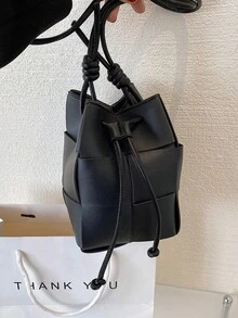 女士迷你编织斜挎包 - 抽绳 PU 水桶包，适合日常使用 - 黑色 - 查看 5