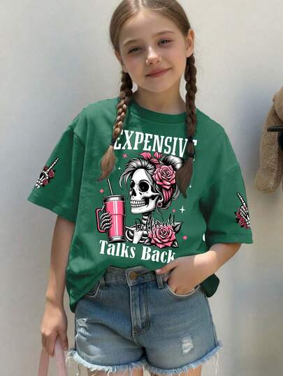 This Casual Dark Gray Round Neck T-Shirt Features A Skull And Letter Graphic Print, Very Suitable For Girls And Older Children To Wear. Suitable For School, Shopping, Street Style And Vacation. It Is An Ideal Choice For Daily Wear, And Also A Great Gift For Family And Friends.