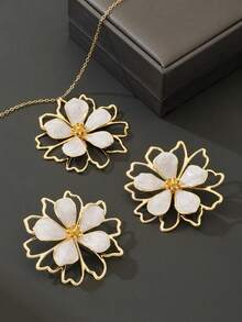 1件夏季海滩度假设计镂空白色花朵吊坠项链和1对耳环女士首饰套装（不含礼盒） - 白色 - 查看 5