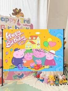 Peppa Pig 佩佩猪生日庆祝背景，可爱卡通主题旗帜图案墙饰，拍照横幅，道具，适合生日派对装饰用品收藏展示和收纳（颜色可能略有不同，详情请参考实物图片。） - 彩色 - 查看 1