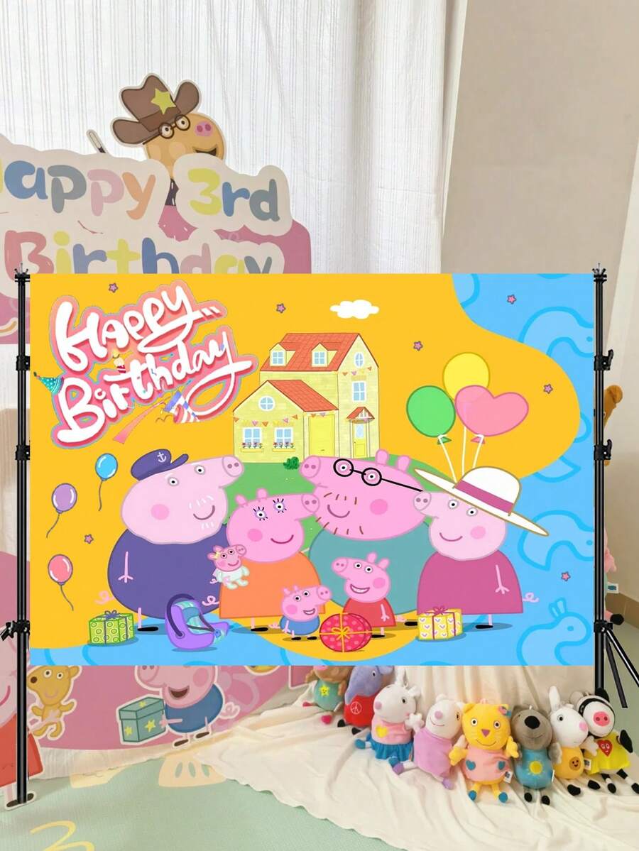 Peppa Pig 佩佩猪生日庆祝背景,可爱卡通主题旗帜图案墙饰,拍照横幅,道具,适合生日派对装饰用品收藏展示和收纳(颜色可能略有不同,详情请参考实物图片。) - 彩色 - 查看 1