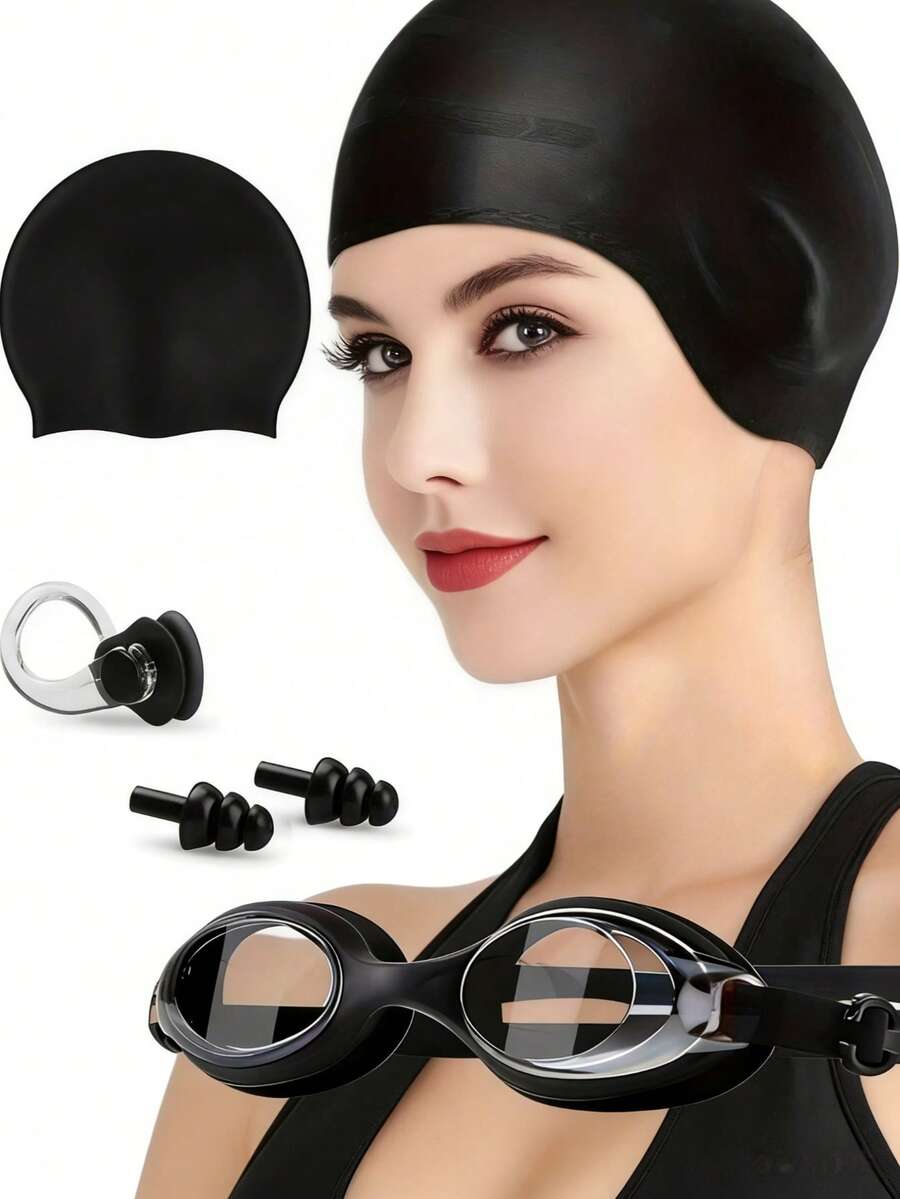 4pcs Swimming Set: Waterproof Goggles, Silicone Swim Cap, Nose Clip And Ear Plugs. Large Size Cap Design With Ear Protection, Suitable For Long And Short Hair. Outdoor Summer Gear, Birthday, Mother's Day, Father's Day Gift - Fashion - View 1