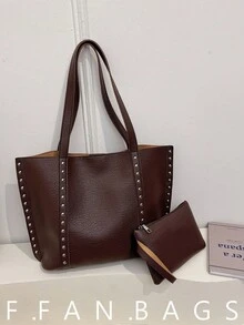 这款黑色大容量通勤手提包是一款时尚的女士单肩包，饰有铆钉。其独特优雅的PU材质设计使其适合约会、日常穿着、购物、海滩度假以及各种其他场合。 - 咖啡 - 查看 1