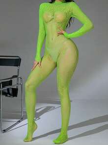 Women's Neon Green Leopard Print Elastic Fishnet Long Sleeve Sexy Bodysuit Tights - Green - View 5