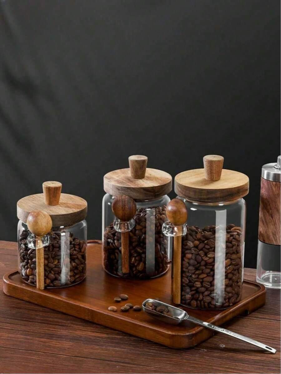Hộp đựng cà phê hạt giá cả phải chăng, hũ thủy tinh có nắp gỗ, hộp đựng thực phẩm, hũ đựng gia vị, hũ đựng bột cà phê, hũ đựng lá trà, hũ đựng cà phê và đường kèm muỗng. - Cà phê nâu - Xem 1