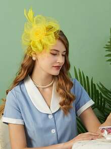 1pc Women's Tea Party Derby Hat With Mesh Veil And Ribbon,Summer,Beach - Yellow - View 2