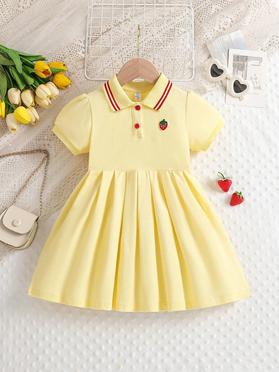 Young Girl' Casual Strawberry Embroidery Polo Collar Short Sleeve Dress, Summer - Yellow - View 1