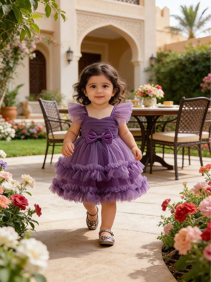 Vestido de fiesta y noche para niña bebé con malla, patchwork y decoración de lazo - Morado - Ver 1