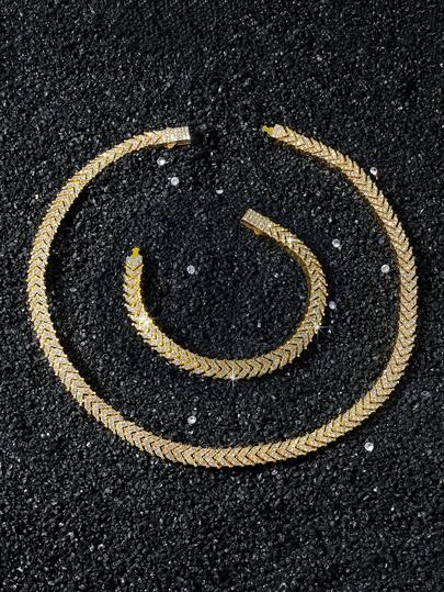 1 Set Men's Full Diamond Fish Tail Splice Chain Necklace And Bracelet Set