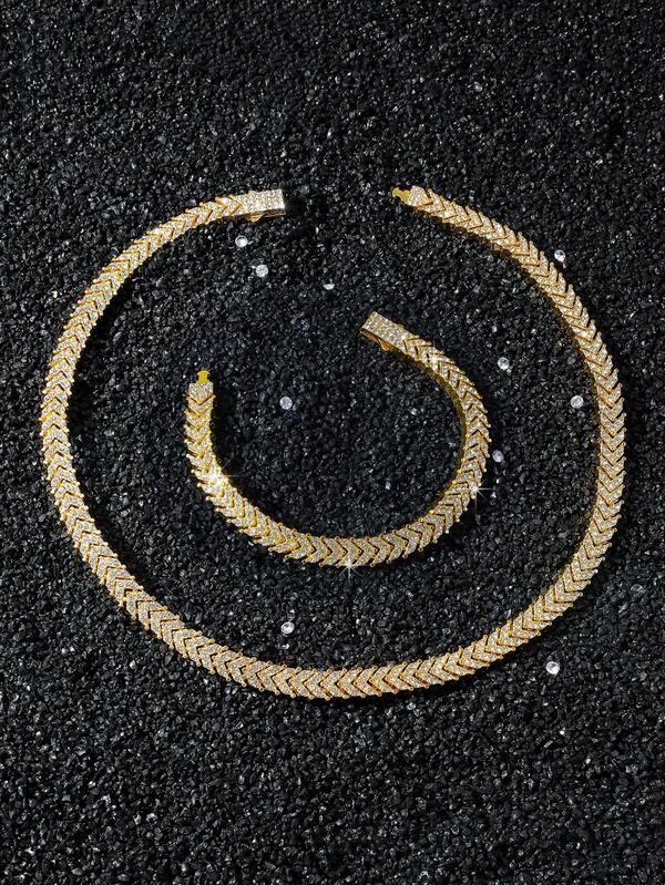 1 Set de collar y pulsera con cadena de empalme de cola de pez con diamantes completos para hombre