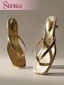 SDEMIN Gold Metallic Thong Sandals For Women, Square Toe Kitten Heel Mules | Backless Slip-On Dress Shoes For Summer 2026 | Retro-Chic & Glamorous Style | Perfect For Beach, Brunch, Date Nights & Parties - 金色 - 查看 3