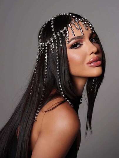 1pc Fashionable Women's Mesh Tassel Headchain, Shiny Crystal Hairpiece For Evening Party, Performance