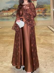 Elegant Plus Size Set, Round Neck Flare Sleeve, Waist Tie With Ruffle And Contrast Lace Detail Spring Brown Fall - Brown - View 6