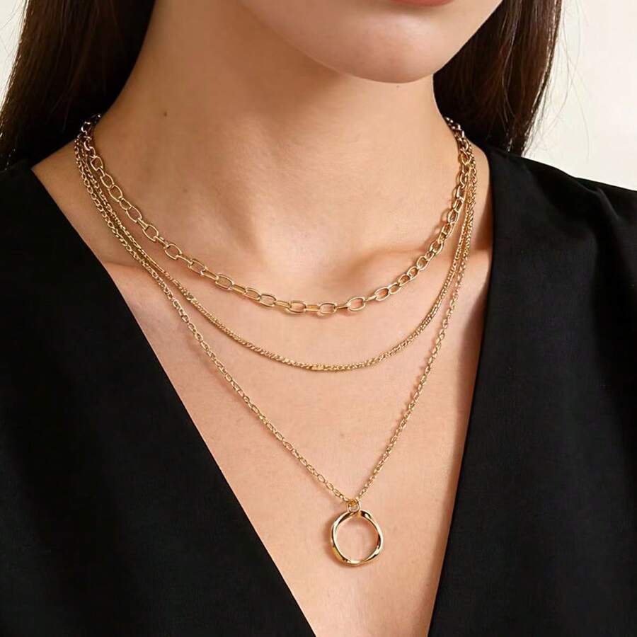 1 pieza Collar de mujer multicapa con colgante metálico asimétrico y geométrico de estilo bohemio