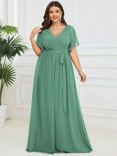 Plus Size Elegant V-Neck Pleated Ruffle Sleeve Green Bridesmaid Formal Dress, Suitable For Weddings, Parties, Birthdays, Spring/Summer